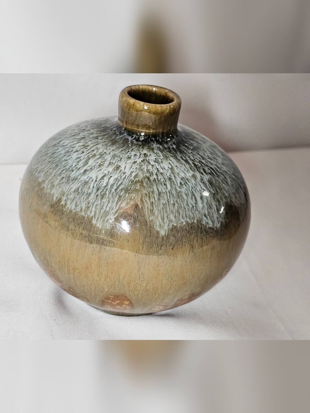 Studio Pottery Bud Vase Crystalline Drip Glaze Earth Tones MCM Round 4" - Picture 3 of 9